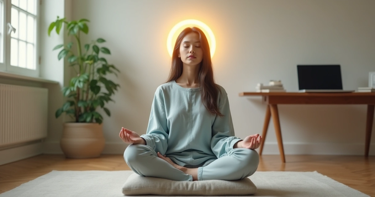 Pessoa sentada em posição de meditação com luz suave ao redor da cabeça 
