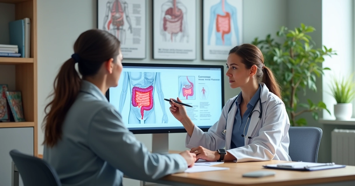 Médica explicando exame de colonoscopia para paciente em consultório 