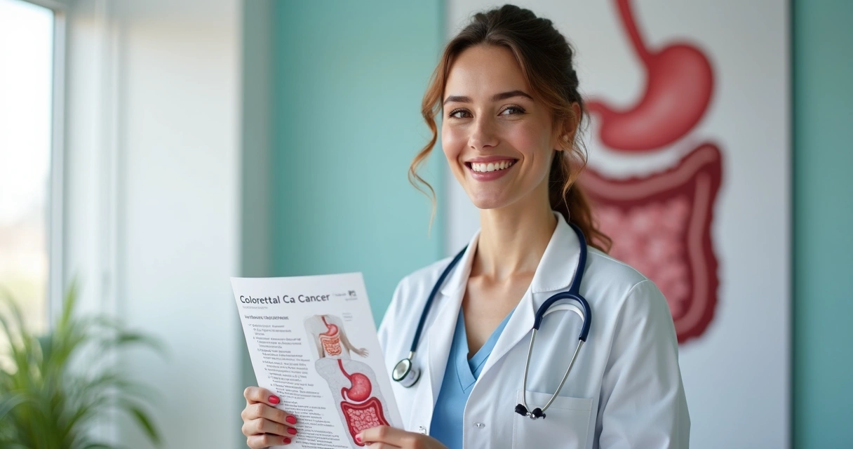 Médica sorridente com folder explicativo sobre prevenção de câncer de intestino 