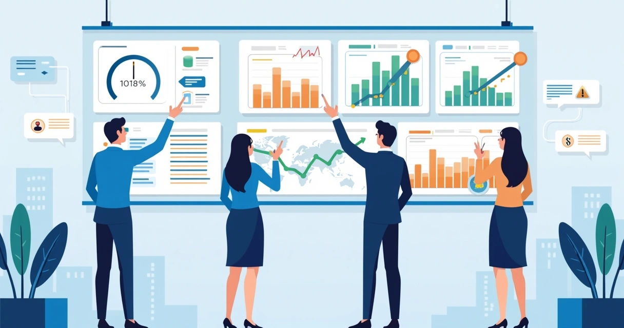 Ilustração corporativa mostrando análise de NPS para prever churn com gráficos e painéis de controle 