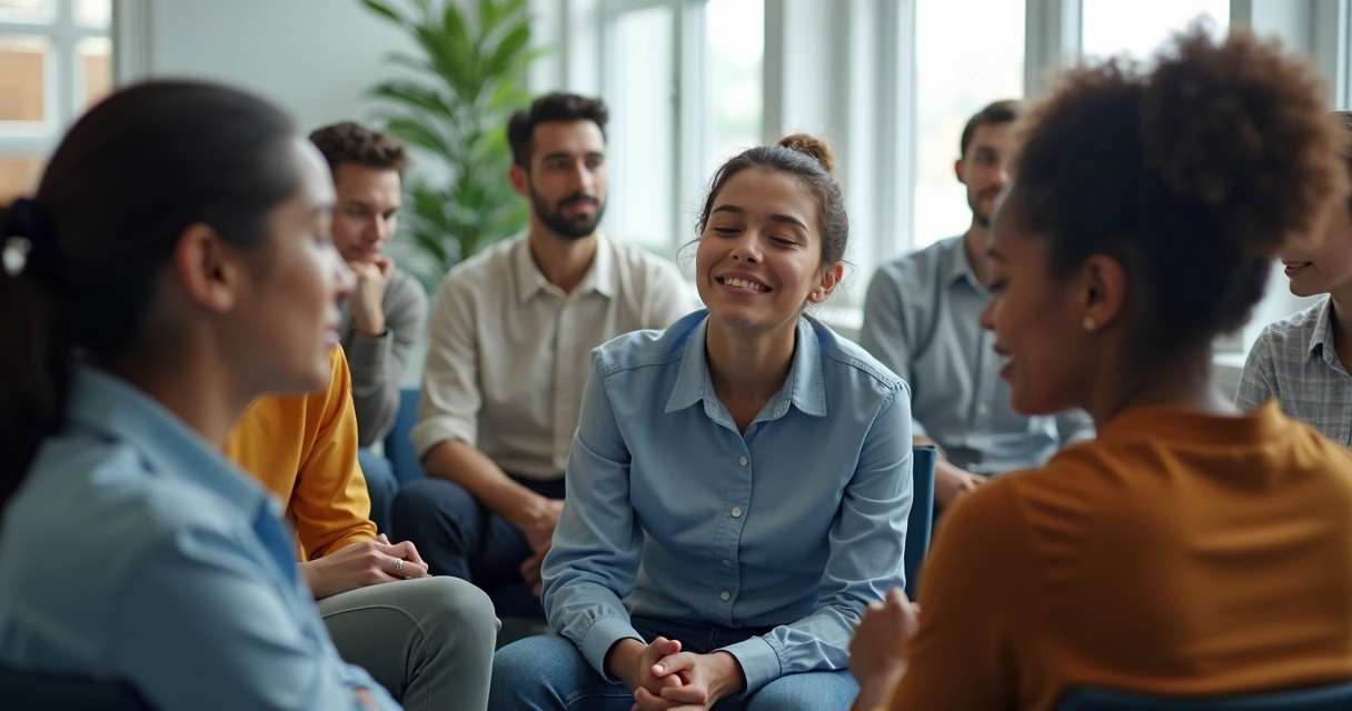 Grupo de pessoas em círculo, cada um refletindo, promovendo autoconsciência 