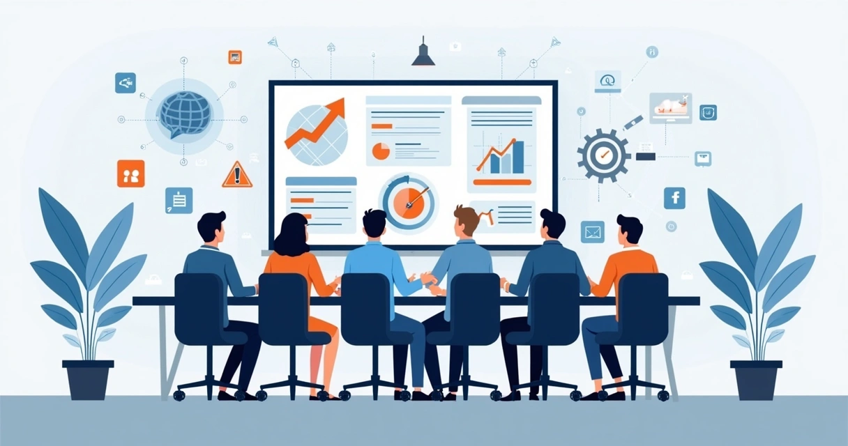 Equipe discutindo resultados de relatório automatizado sobre riscos de imagem 