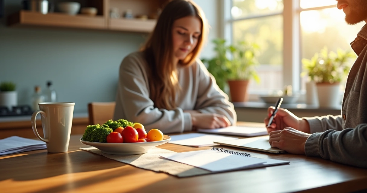 Pessoa em casa organizando rotina saudável, agenda, comida balanceada, ambiente organizado 