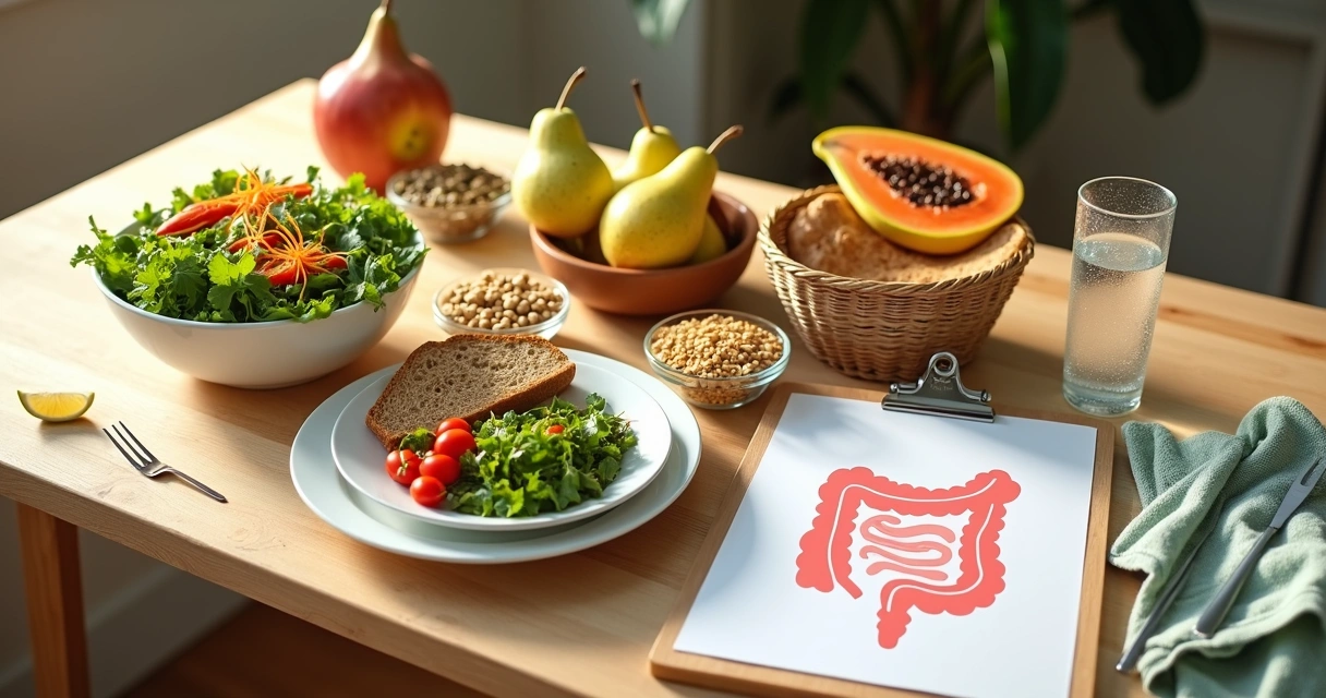Mesa com alimentos ricos em fibras ao lado de ilustração discreta do intestino grosso saudável 