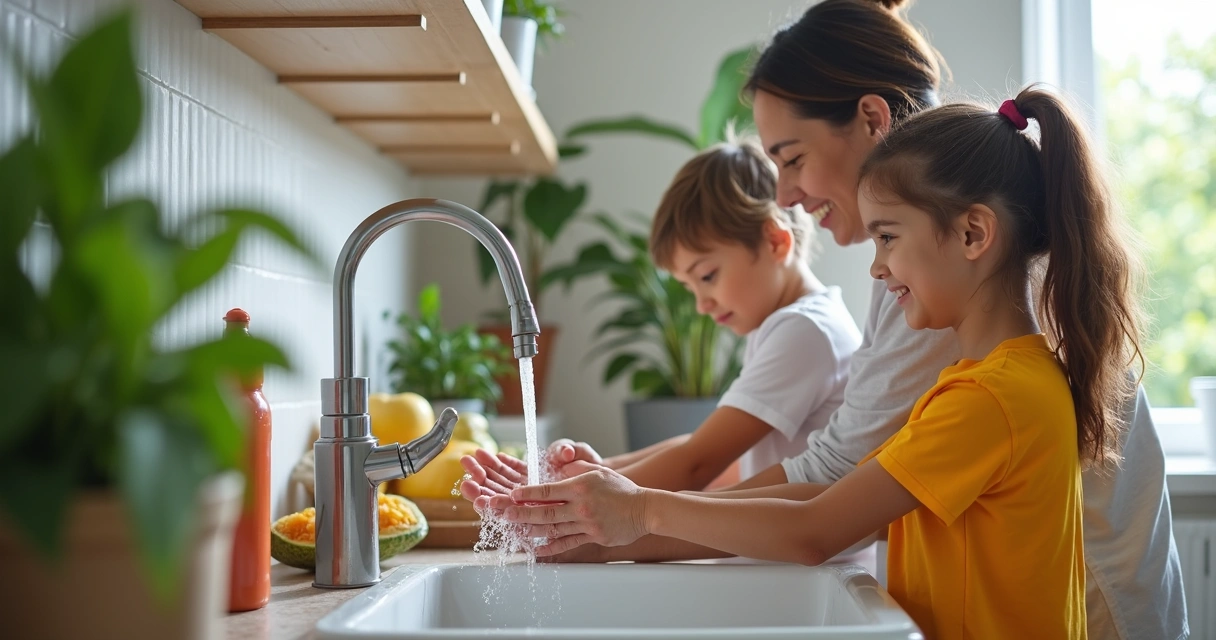 Família em casa lavando as mãos, prevenção de doenças respiratórias 