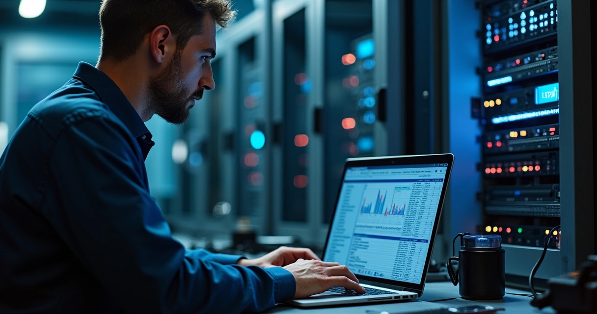 Técnico analisando logs e temperatura de HD em sistema de CFTV com ferramentas e notebook ao lado 