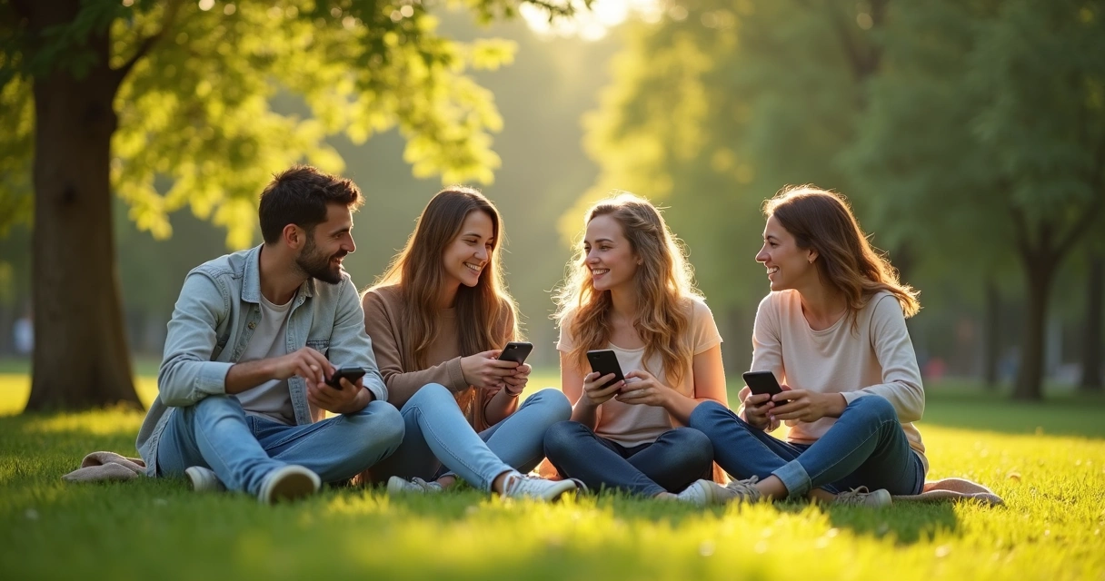 Grupo de amigos conversando em parque, longe de celulares. 