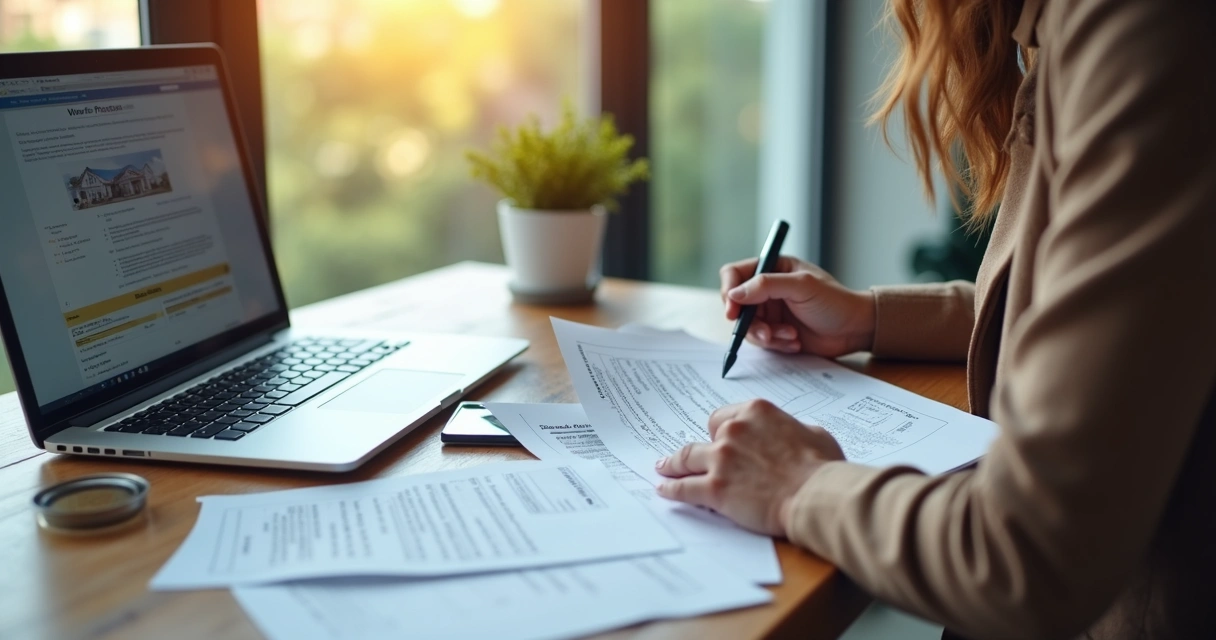 Pessoa analisa documentos e verifica site para evitar fraude em aluguel 