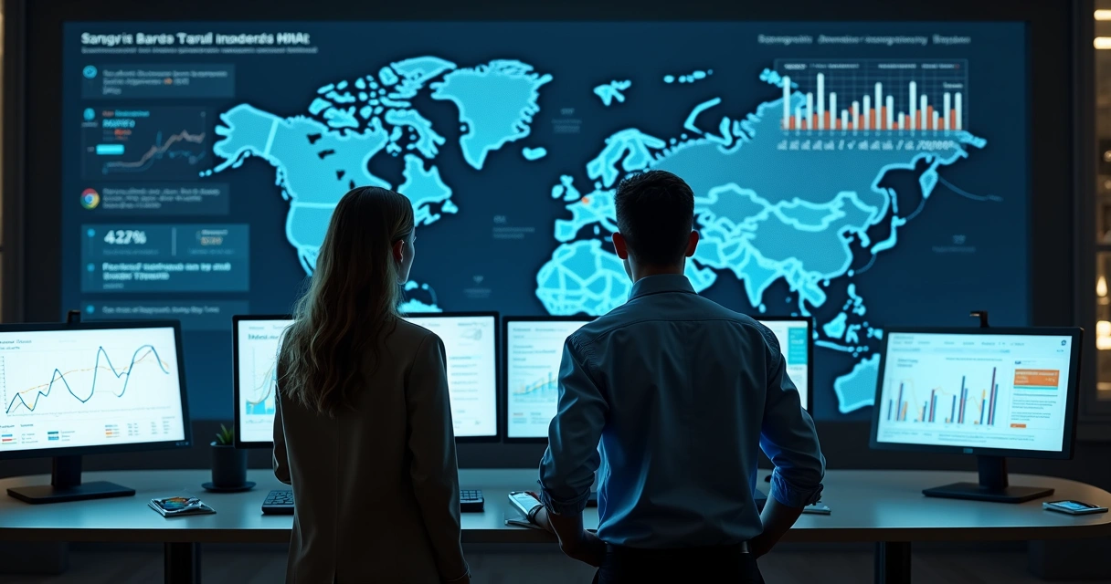 Profissionais analisando gráficos de fraude em múltiplas telas