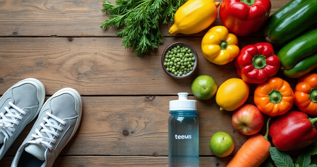 Mesa com alimentos saudáveis, garrafa de água e tênis simbolizando prevenção de câncer de rim 