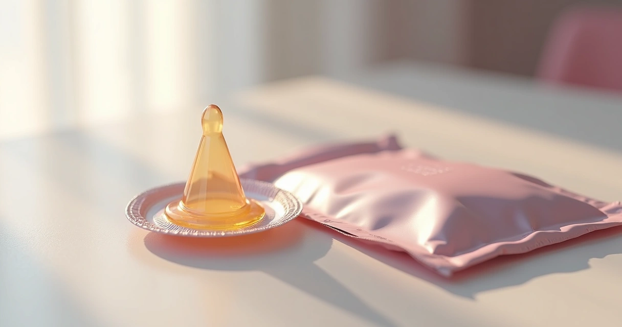 Preservativo aberto ao lado de embalagem sobre mesa discreta