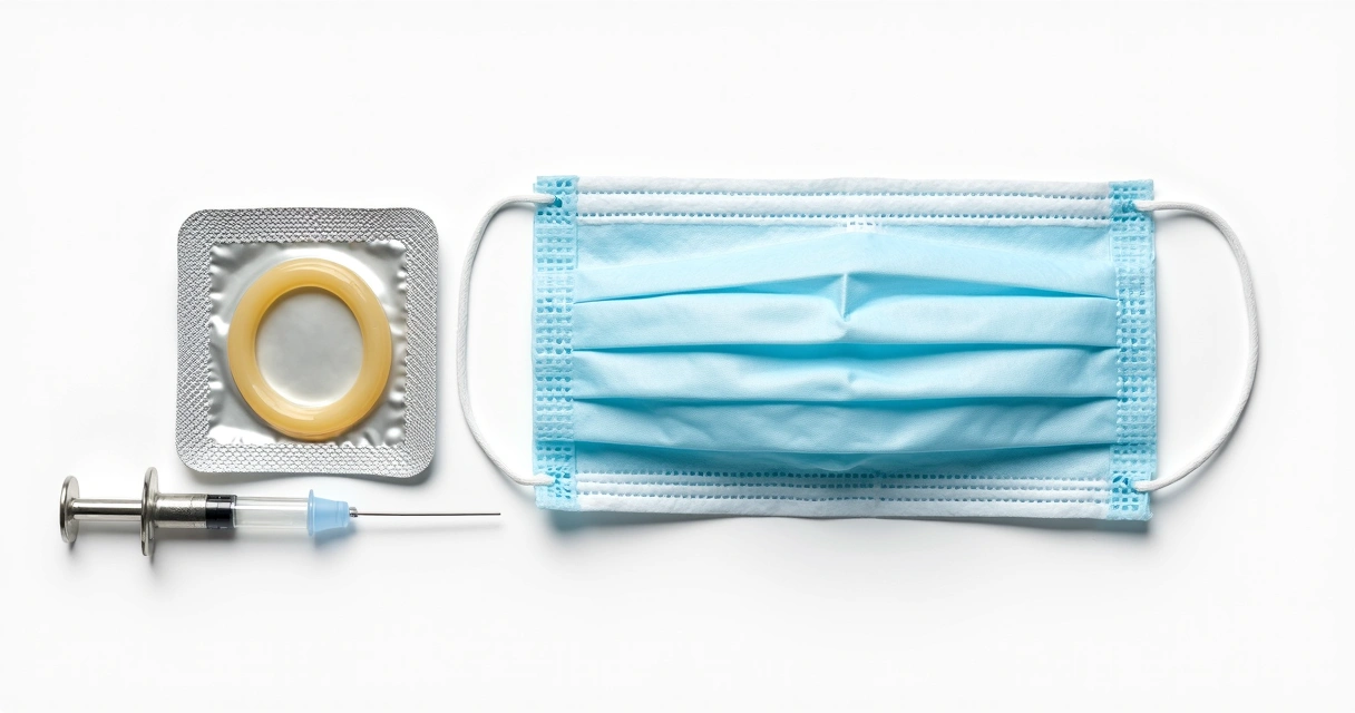 Preservativo, seringa e máscara representando prevenção de HIV, sífilis e COVID-19