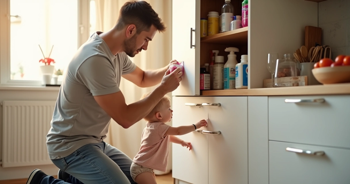 Pai guarda produtos de limpeza em armario alto distante de crianca pequena curiosa 