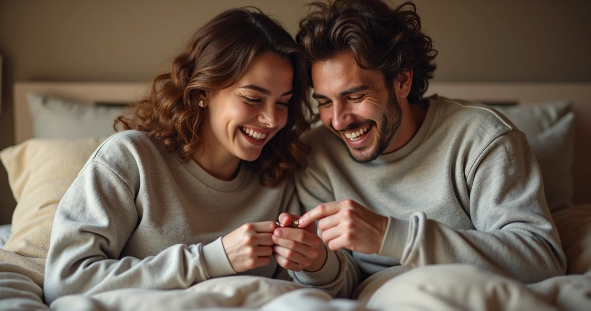 Casal sorrindo usando camisinha em ambiente íntimo