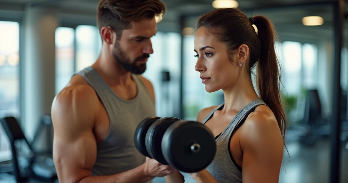 Personal trainer orientando aluno sobre postura correta no treino de bíceps 