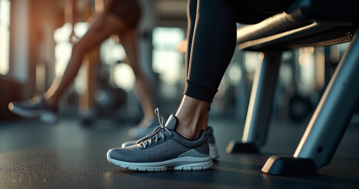Pessoa alongando perna com tênis esportivo em um ambiente de academia 
