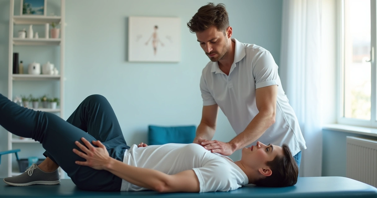 Fisioterapeuta orientando paciente a fazer Superman para prevenir lesões 