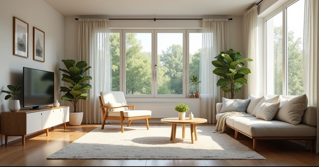 Ambiente limpo e organizado numa sala de estar com luz natural 