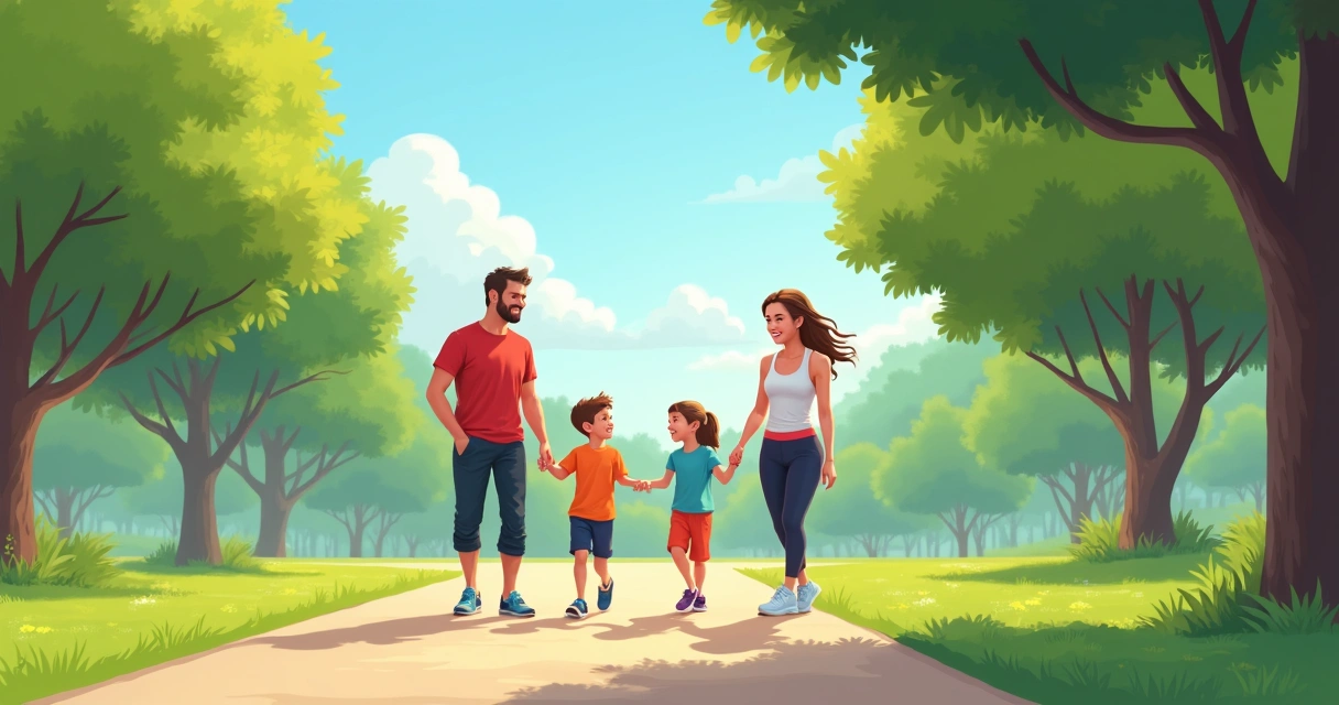 Família caminhando em parque priorizando saúde cardiovascular 