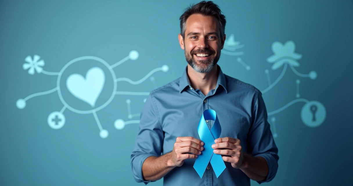 Homem segurando laço azul representando prevenção