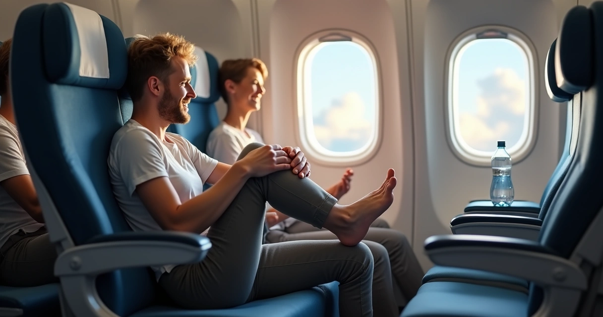 Pessoa fazendo exercícios na cadeira durante viagem longa 