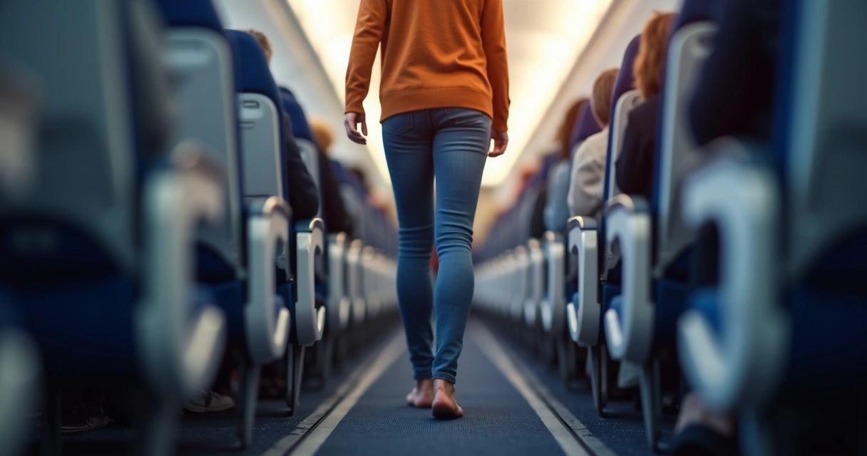 Pessoa caminhando no corredor de avião para prevenir trombose