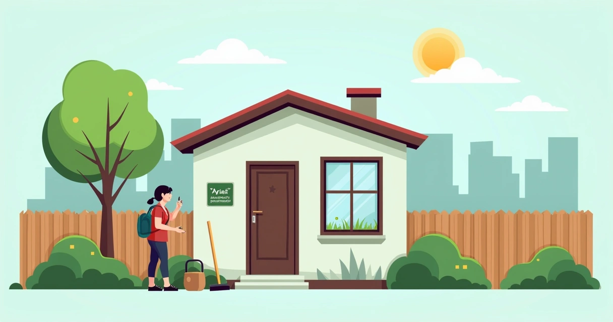 Ilustração de um imóvel bem cuidado, representando a proteção contra usucapião, com jardim e pessoa fazendo visita.