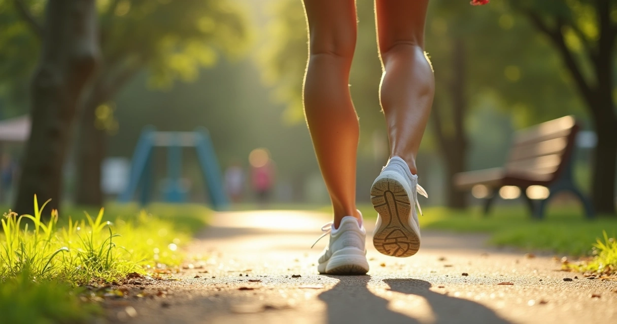 Pessoa caminhando em parque ensolarado com roupas confortáveis, pernas em movimento 