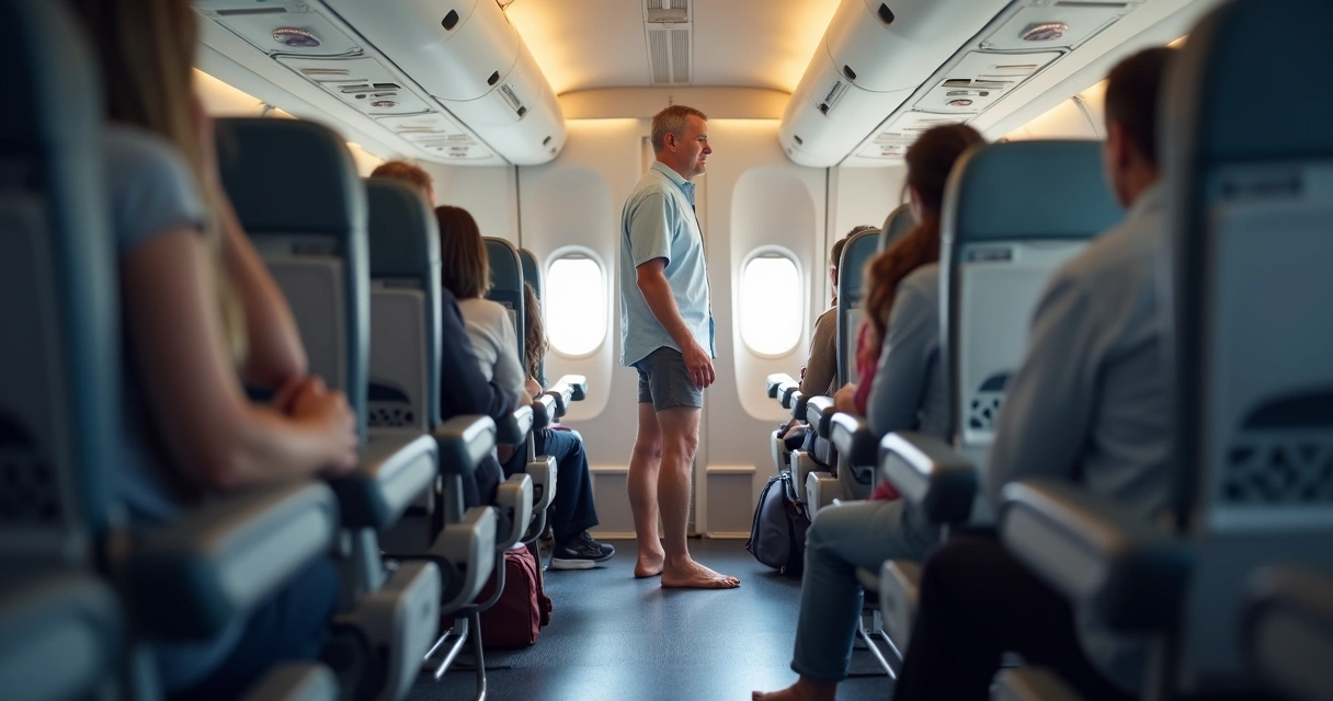 Viajante em avião alongando as pernas em pé no corredor 