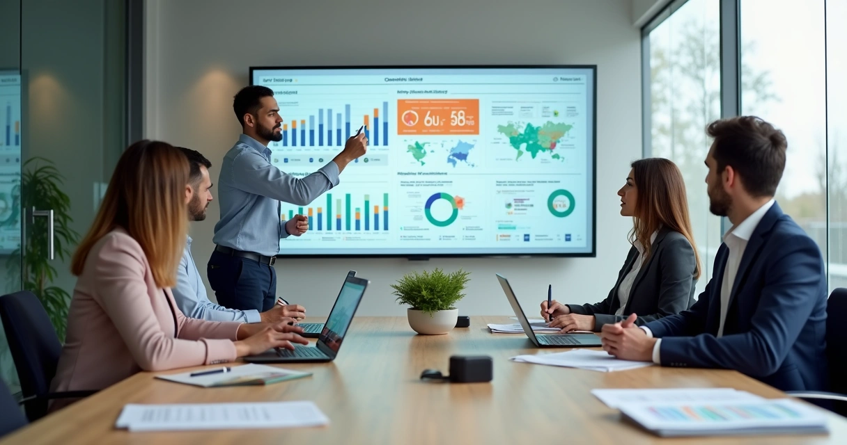 Gestores analisando painel de dados sobre riscos psicossociais no trabalho 