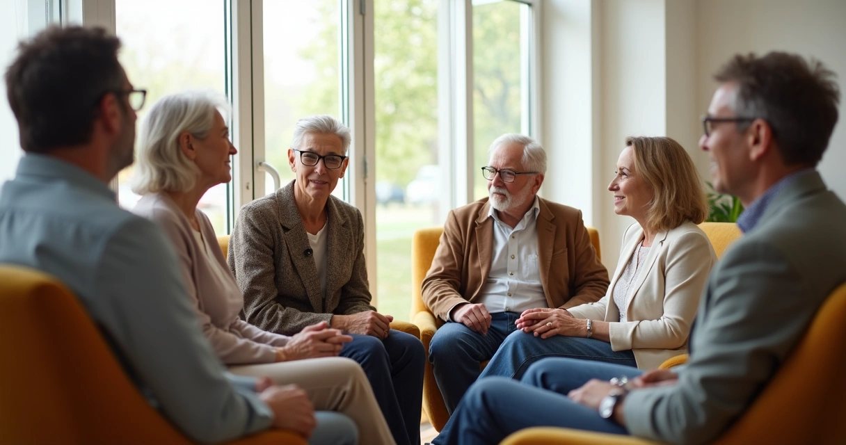 Un grupo de adultos conversando y mostrando empatía en círculo
