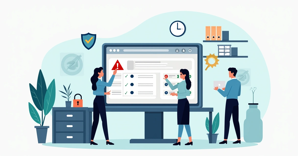 Ilustración de equipo de recursos humanos analizando registros de asistencia en pantalla digital 