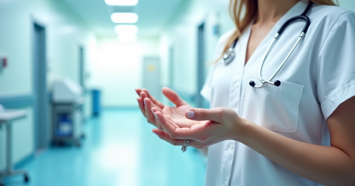 A importância do cuidado com pele e unhas para profissionais de saúde 2 Profissional de saúde aplicando hidratante nas mãos, com fundo de hospital
