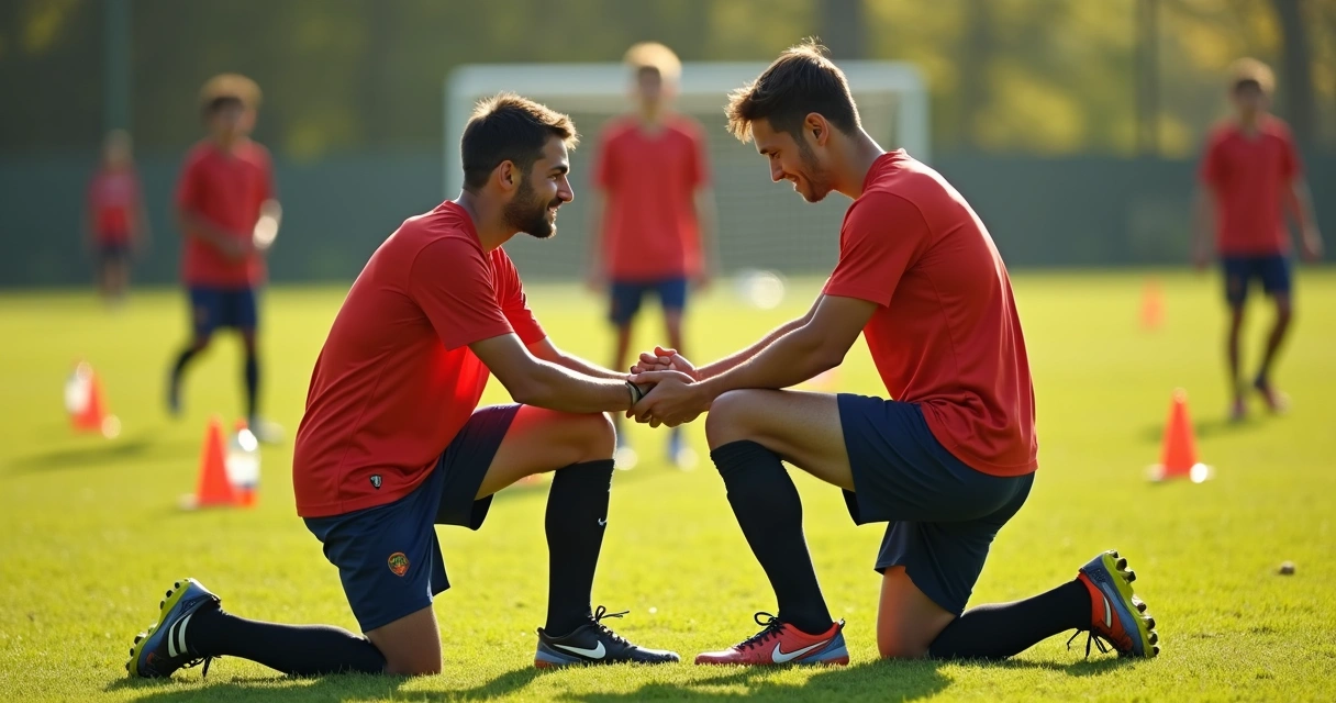 Treinador orientando jovem a alongar no campo 