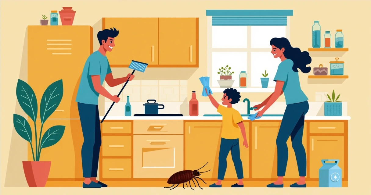 Família limpando cozinha para evitar baratas alemãs, focando em armários e rodapés. 