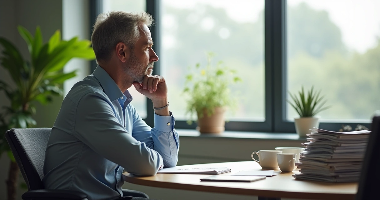 Pessoa olhando pela janela de escritório com expressão reflexiva, luz natural suave 
