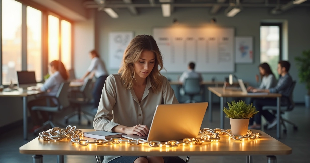 Profissional em estação de trabalho substituindo correntes de metal por fios de luz suave 
