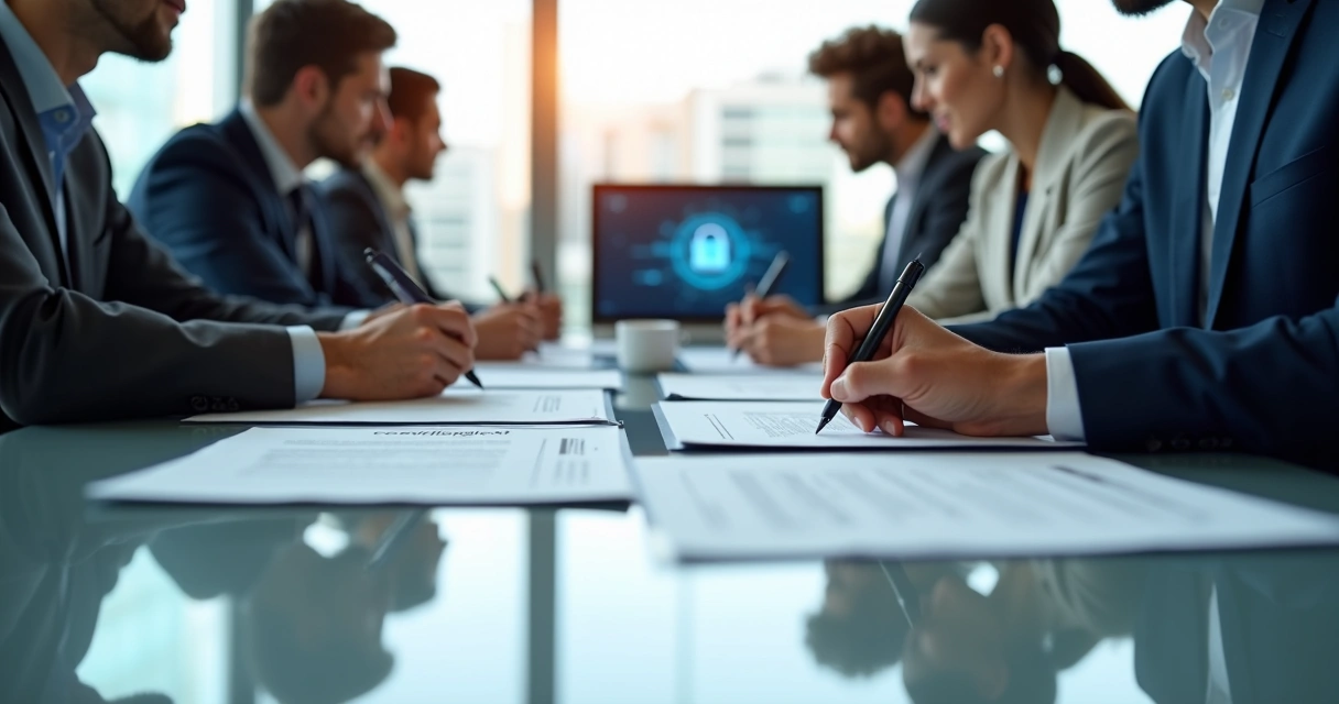 Reunião entre empresários planejando proteção contra desvio de clientes