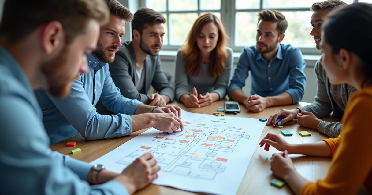 Junta de equipo revisando organigrama en una mesa con documentos y notas