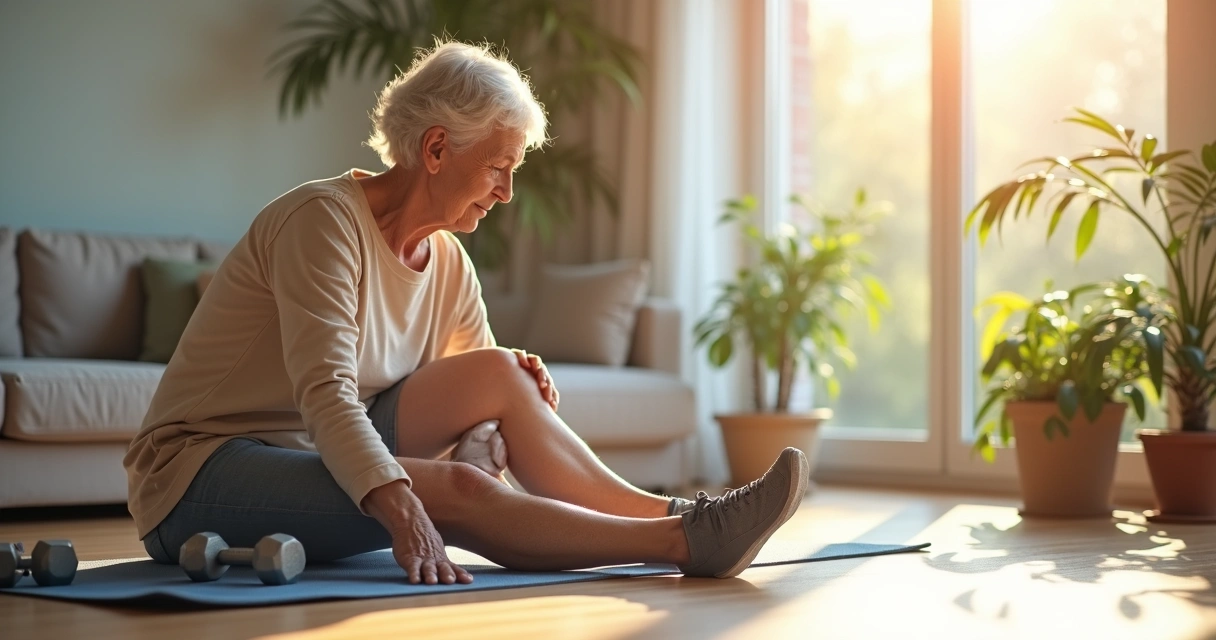 Pessoa madura fazendo exercícios de fortalecimento e alongamento para joelho 