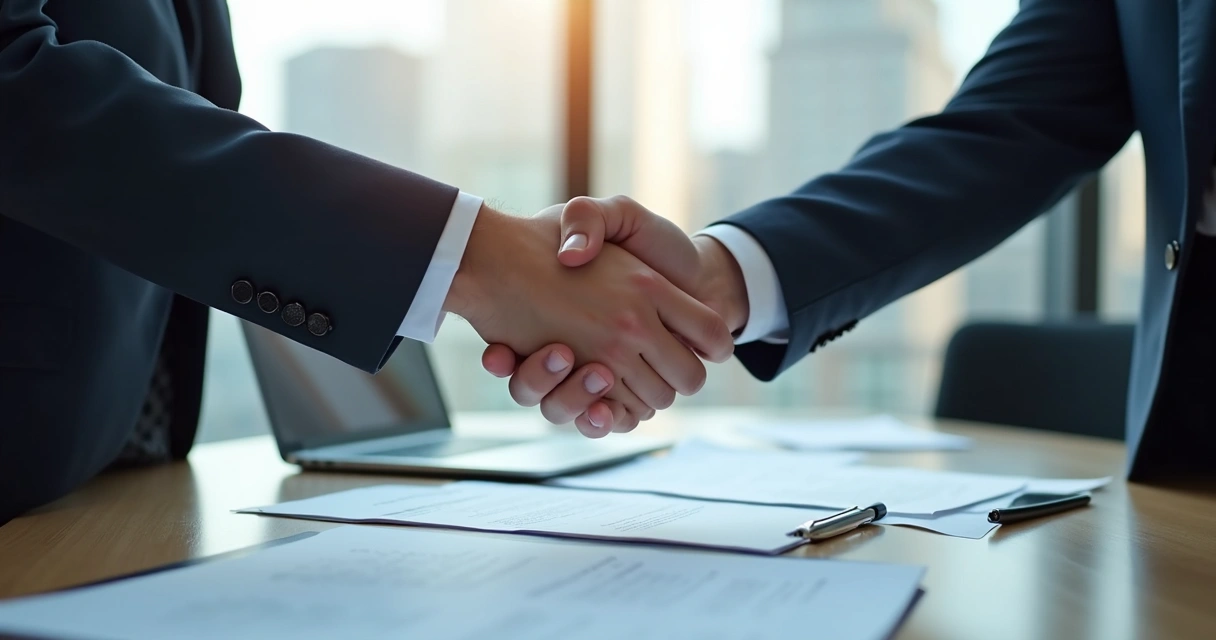 Dois profissionais de TI apertando as mãos após revisar contrato 
