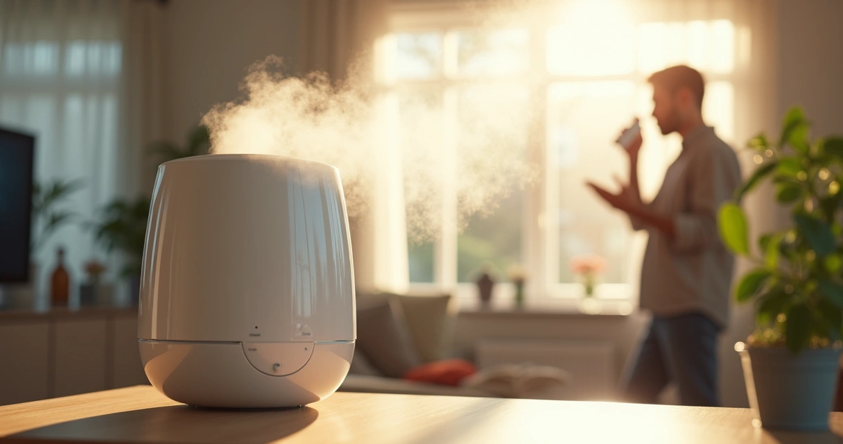 Ambiente doméstico com umidificador ligado e pessoa usando soro nasal 
