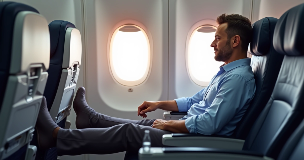 Pessoa em avião movendo pernas para prevenir trombo 