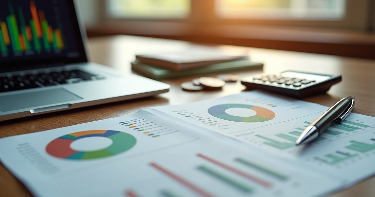Mesa com documentos financeiros, calculadora e laptop exibindo gráficos de investimento, comparando previdência privada e tesouro direto 