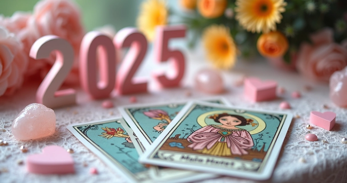 Tarot cards, corações e números coloridos na mesa 