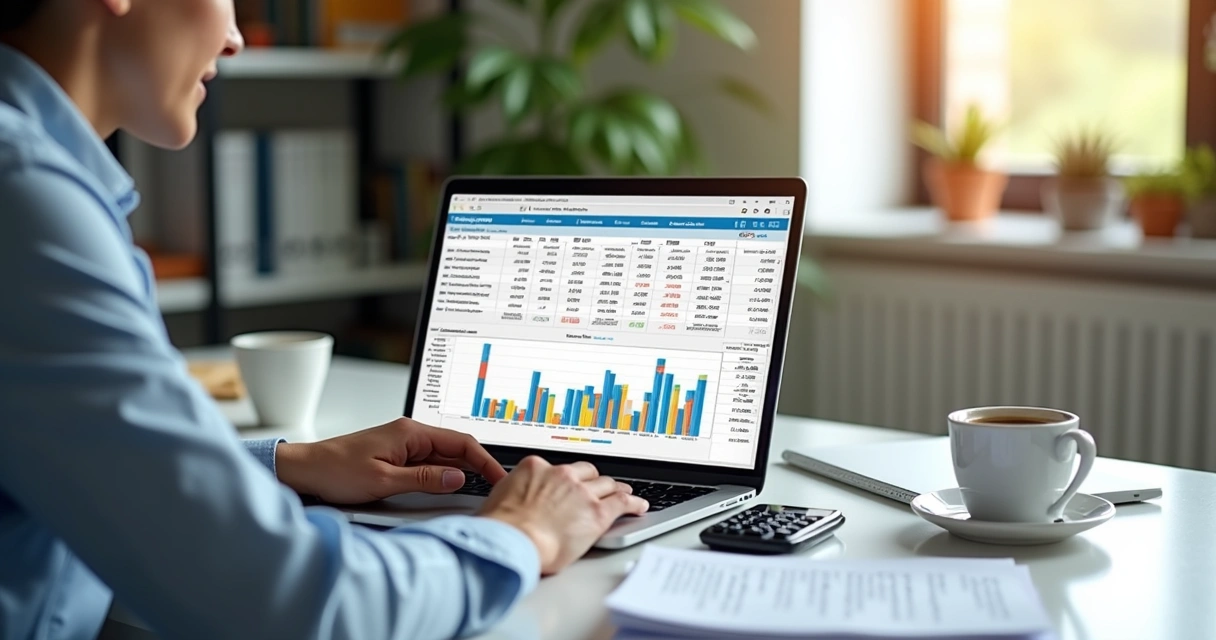 Pessoa analisando planilha de fluxo de caixa anual em laptop com gráficos e notas ao redor 