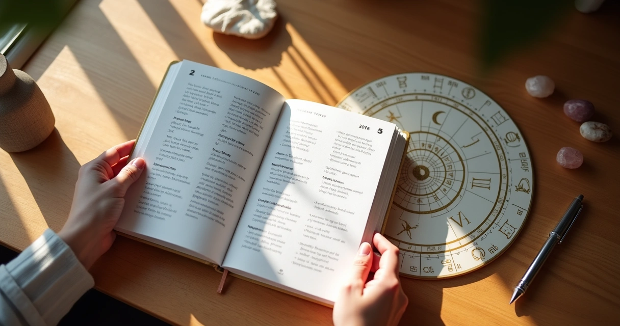 Person holding an open year planner next to an astrological chart, sunlight casting shadows on the table, pen and crystals by the side 