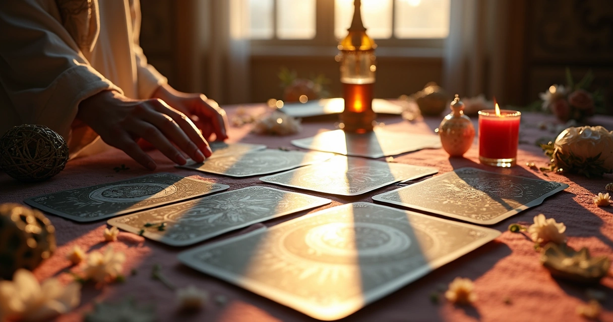 Baralho cigano com cartas abertas e luz suave sobre a mesa 