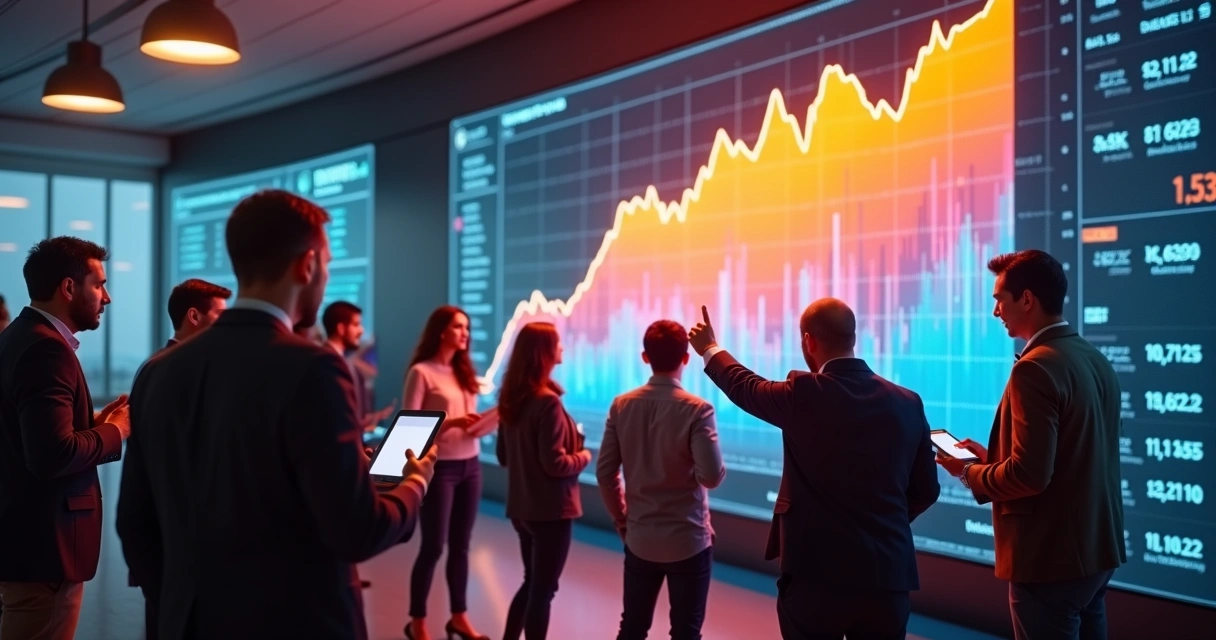 Usuários analisando bolha de previsões em tela digital.