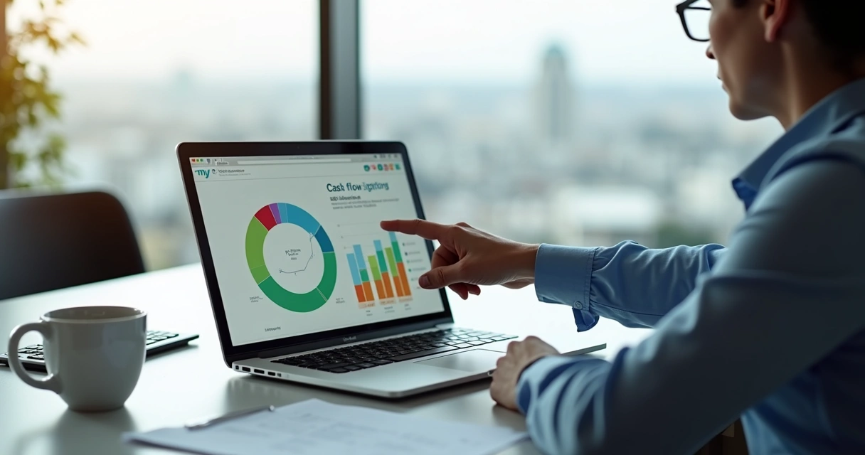 Empresário apontando para gráfico de previsão de caixa na tela do notebook 